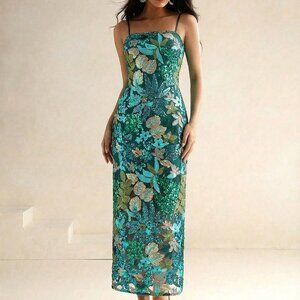 Green Boho Women's Elegant Colorful Printed Beaded Maxi Strapless Dress